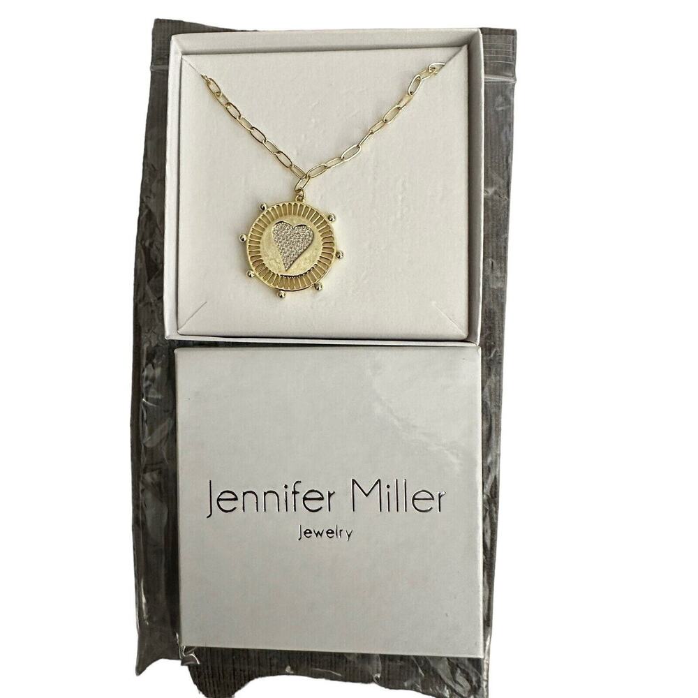Jennifer Miller Yellow Gold Plated Pave Heart Medallion Necklace Paperclip Chain - Picture 4 of 4